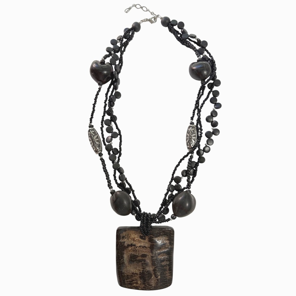 Chunky Multi-Strand Necklace Faux Wood Large Square Pendant Black Brown Jewelry